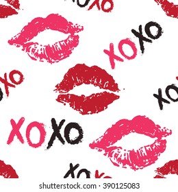 Vector fashion sketch. Hand drawn graphic glossy shine xoxo, kiss, lips imprint, pink mouth, rouge lips red lips. Glamour fashion seamless pattern in vogue style. Isolated elements on white background