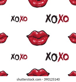 Vector fashion sketch. Hand drawn graphic glossy and shine xoxo, red lips, pink lips, pink mouth, rouge lips. Glamour fashion seamless pattern in vogue style. Isolated elements on white background