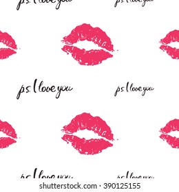 Vector fashion sketch. Hand drawn sing ps I love you, lips imprint, kiss, pink mouth, rouge lips, red lips. Glamour fashion seamless pattern in vogue style. Isolated elements on white background