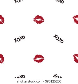 Vector fashion sketch. Hand drawn graphic glossy and shine xoxo, lips imprint, pink mouth, rouge lips, red lips. Glamour fashion seamless pattern in vogue style. Isolated elements on white background