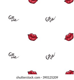 Vector fashion sketch. Hand drawn graphic glossy and shine call me, red lips, pink lips, pink mouth, rouge lips. Glamour fashion seamless pattern in vogue style. Isolated elements on white background