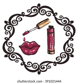 Vector fashion sketch. Hand drawn graphic glossy and shine rouge lips, heart, lipstick. Glamour fashion seamless pattern in vogue style. Isolated elements on white background