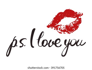 Vector fashion sketch. Hand drawn graphic glossy and shine ps I love you, kiss, lips imprint. Glamour fashion greeting card in vogue style. Isolated elements on white background