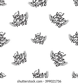 Vector fashion sketch. Hand drawn graphic flying You make me happy with angel wings. Contrasty glamour fashion seamless pattern in vogue style. Isolated elements on white background
