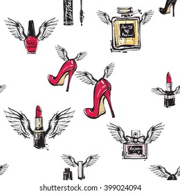 Vector fashion sketch. Hand drawn graphic flying red heels, enamel, perfume, lipstick with angel wings. Contrasty glamour fashion seamless pattern in vogue style. Isolated elements on white background