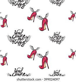 Vector fashion sketch. Hand drawn graphic flying You make me happy and red heels with angel wings. Contrasty glamour fashion seamless pattern in vogue style. Isolated elements on white background