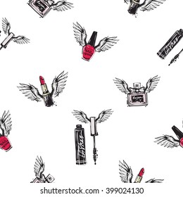 Vector fashion sketch. Hand drawn graphic flying enamel, perfume, mascara, red stick with angel wings. Contrasty glamour fashion seamless pattern in vogue style. Isolated elements on white background