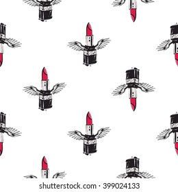 Vector fashion sketch. Hand drawn graphic flying lipstick with angel wings. Contrasty glamour fashion seamless pattern in vogue style. Isolated elements on white background