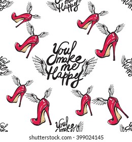 Vector fashion sketch. Hand drawn graphic flying You make me happy and red heels with angel wings. Contrasty glamour fashion seamless pattern in vogue style. Isolated elements on white background