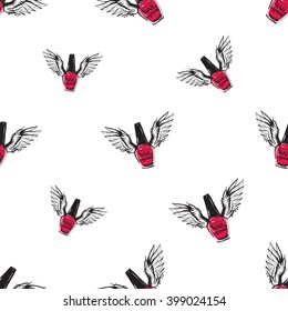 Vector fashion sketch. Hand drawn graphic flying enamel with angel wings. Contrasty glamour fashion seamless pattern in vogue style. Isolated elements on white background