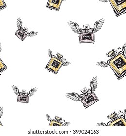 Vector fashion sketch. Hand drawn graphic flying perfume and cologne with angel wings. Contrasty glamour fashion seamless pattern in vogue style. Isolated elements on white background
