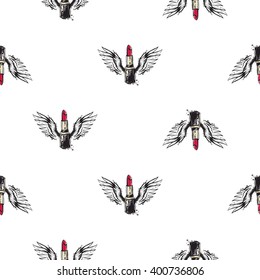 Vector fashion sketch. Hand drawn graphic flying red stick with angel wings. Contrasty glamour fashion seamless pattern in vogue style. Isolated elements on white background
