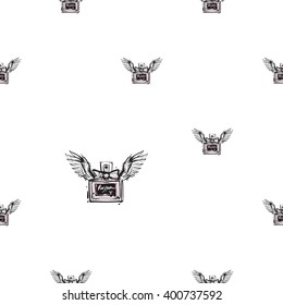 Vector fashion sketch. Hand drawn graphic flying perfume with angel wings. Contrasty glamour fashion seamless pattern in vogue style. Isolated elements on white background