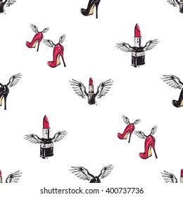 Vector fashion sketch. Hand drawn graphic flying red black heel, red stick, lipstick with angel wings. Contrasty glamour fashion seamless pattern in vogue style. Isolated elements on white background