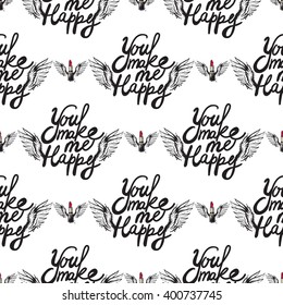 Vector fashion sketch. Hand drawn graphic flying You make me happy and red stick with angel wings. Contrasty glamour fashion seamless pattern in vogue style. Isolated elements on white background