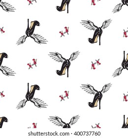 Vector fashion sketch. Hand drawn graphic flying red heels and black heel with angel wings. Contrasty glamour fashion seamless pattern in vogue style. Isolated elements on white background