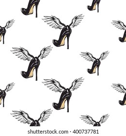 Vector fashion sketch. Hand drawn graphic flying black heel with angel wings. Contrasty glamour fashion seamless pattern in vogue style. Isolated elements on white background