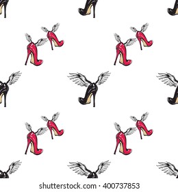 Vector fashion sketch. Hand drawn graphic flying red heels and black heel with angel wings. Contrasty glamour fashion seamless pattern in vogue style. Isolated elements on white background