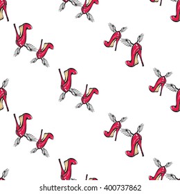 Vector fashion sketch. Hand drawn graphic flying red heels with angel wings. Contrasty glamour fashion seamless pattern in vogue style. Isolated elements on white background
