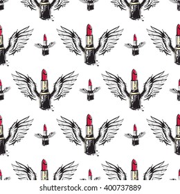 Vector fashion sketch. Hand drawn graphic flying red stick and lipstick with angel wings. Contrasty glamour fashion seamless pattern in vogue style. Isolated elements on white background