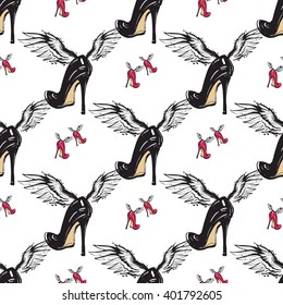 Vector fashion sketch. Hand drawn graphic flying red heels and black heel with angel wings. Contrasty glamour fashion seamless pattern in vogue style. Isolated elements on white background