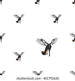 Vector fashion sketch. Hand drawn graphic flying black heel with angel wings. Contrasty glamour fashion seamless pattern in vogue style. Isolated elements on white background