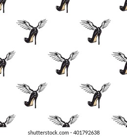 Vector fashion sketch. Hand drawn graphic flying black heel with angel wings. Contrasty glamour fashion seamless pattern in vogue style. Isolated elements on white background