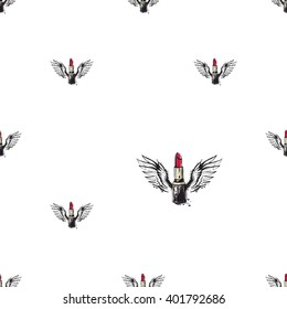 Vector fashion sketch. Hand drawn graphic flying red stick with angel wings. Contrasty glamour fashion seamless pattern in vogue style. Isolated elements on white background