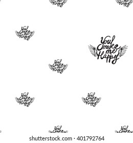 Vector fashion sketch. Hand drawn graphic flying You make me happy with angel wings. Contrasty glamour fashion seamless pattern in vogue style. Isolated elements on white background