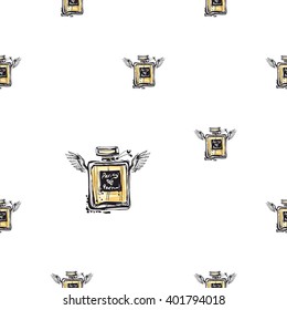Vector fashion sketch. Hand drawn graphic flying cologne with angel wings. Contrasty glamour fashion seamless pattern in vogue style. Isolated elements on white background