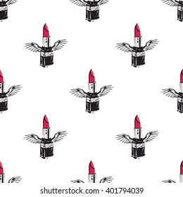 Vector fashion sketch. Hand drawn graphic flying lipstick with angel wings. Contrasty glamour fashion seamless pattern in vogue style. Isolated elements on white background