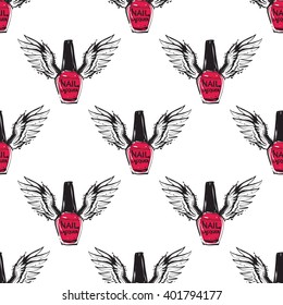 Vector fashion sketch. Hand drawn graphic flying enamel with angel wings. Contrasty glamour fashion seamless pattern in vogue style. Isolated elements on white background