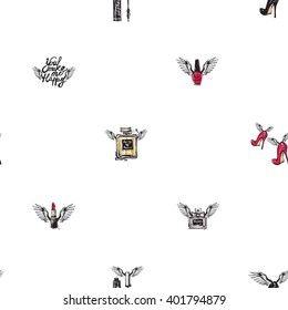 Vector fashion sketch. Hand drawn graphic flying You make me happy, red  black heels, enamel, perfume, cologne, mascara with angel wings. Glamour fashion seamless pattern. Isolated elements on white