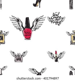 Vector fashion sketch. Hand drawn graphic flying You make me happy, red  black heels, enamel, perfume, cologne, mascara with angel wings. Glamour fashion seamless pattern. Isolated elements on white