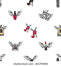 Vector fashion sketch. Hand drawn graphic flying You make me happy, red  black heels, enamel, perfume, cologne, mascara with angel wings. Glamour fashion seamless pattern. Isolated elements on white