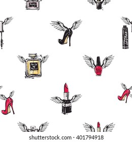 Vector fashion sketch. Hand drawn graphic flying red heels, black heel enamel perfume mascara red lipstick with angel wings. Glamour fashion seamless pattern in vogue style. Isolated elements on white