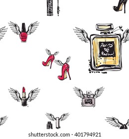 Vector fashion sketch. Hand drawn graphic flying red heels, black heel enamel perfume mascara red lipstick with angel wings. Glamour fashion seamless pattern in vogue style. Isolated elements on white