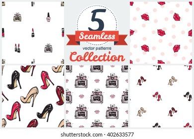 Vector fashion sketch. Hand drawn graphic lips eye heels perfume, mascara, lipstick, nail polish. Contrasty glamour fashion inky sketch in vogue style. Isolated elements on white background