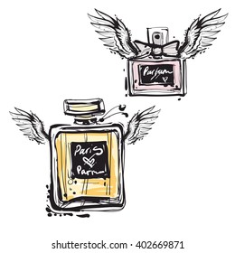 Vector fashion sketch. Hand drawn graphic flying perfume and cologne with angel wings. Contrasty glamour fashion greeting card vogue style. Isolated elements on white background