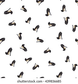 Vector fashion sketch. Hand drawn graphic black heel. Contrasty glamour fashion seamless pattern in vogue style. Isolated elements on white background