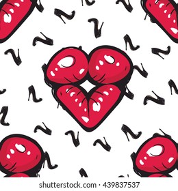 Vector fashion sketch. Hand drawn graphic kiss and shoe. Contrasty glamour fashion seamless pattern in vogue style. Isolated elements on white background