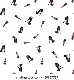 Vector fashion sketch. Hand drawn graphic black heel, red stick, lipstick. Contrasty glamour fashion seamless pattern in vogue style. Isolated elements on white background