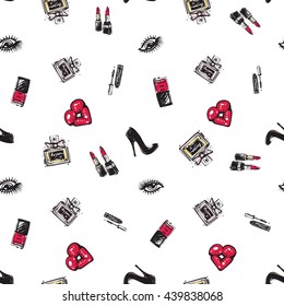 Vector fashion sketch. Hand drawn graphic kiss, eye, shoe, nailpolish, perfume, mascara, lipstick. Contrasty glamour fashion seamless pattern in vogue style. Isolated elements on white background