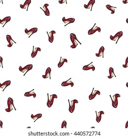 Vector fashion sketch. Hand drawn graphic wine heel. Contrasty glamour fashion seamless pattern in vogue style. Isolated elements on white background