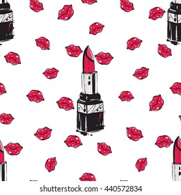 Vector fashion sketch. Hand drawn graphic red lip and lipstick. Contrasty glamour fashion seamless pattern in vogue style. Isolated elements on white background