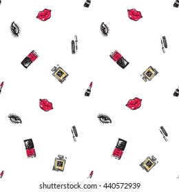 Vector fashion sketch. Hand drawn graphic red lip, eye, nailpolish, cologne, mascara, lipstick. Contrasty glamour fashion seamless pattern in vogue style. Isolated elements on white background