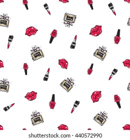 Vector fashion sketch. Hand drawn graphic red lip, enamel, parfume, lipstick. Contrasty glamour fashion seamless pattern in vogue style. Isolated elements on white background