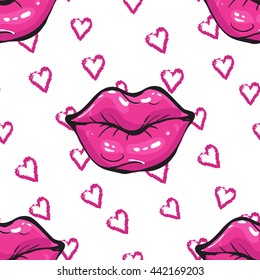 Vector fashion sketch. Hand drawn graphic glossy and shine pink heart and pink lips. 
