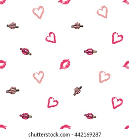 Vector fashion sketch. Hand drawn graphic glossy and shine pink heart, biting lipstick, lipstick mouth, kiss. Isolated elements on white background