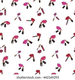 Vector fashion sketch. Hand drawn graphic glossy and shine pink lips, pink mouth, red lips, rouge lips, paint lips. 